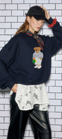 Kadın Oversize Sweatshirt City Club Bear Baskılı Lacivert – Bisiklet Yaka, 3 İplik Şardonlu Polar