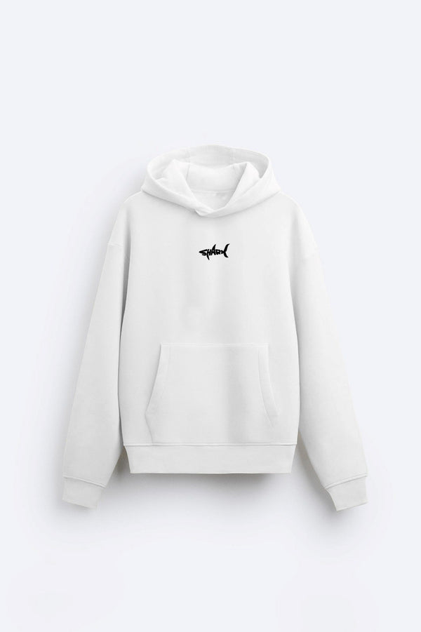 Kapüşonlu İçi Polar Shark Baskılı Beyaz Oversize Hoodie Sweatshirt