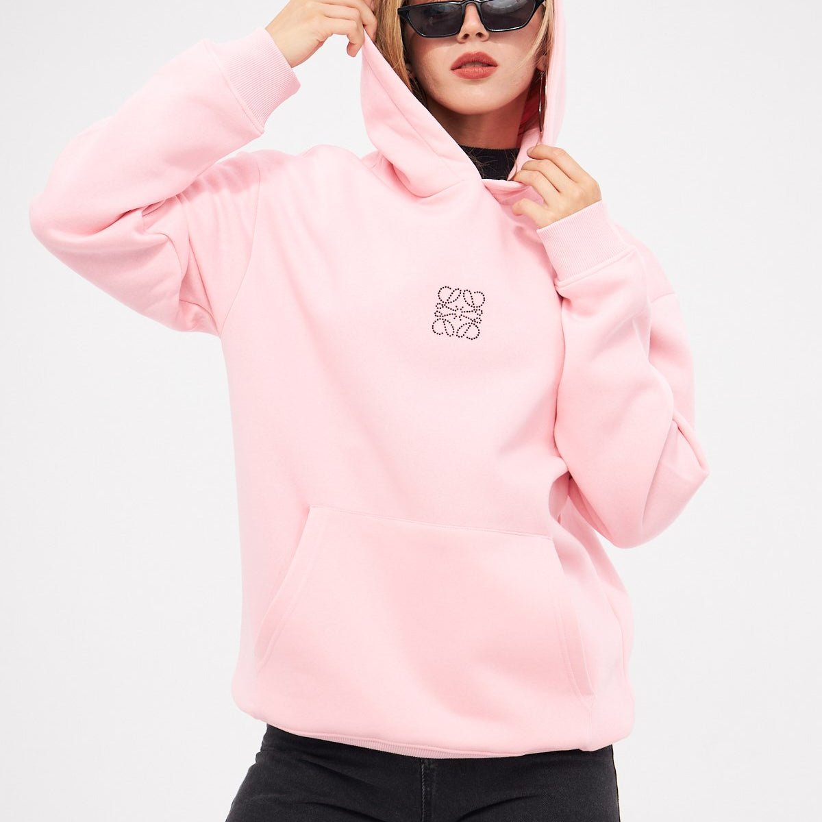 Kapüşonlu İçi Polar Taş Baskılı Pembe Oversize Hoodie Sweatshirt