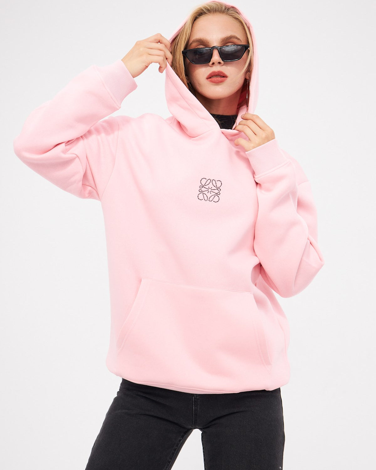 Kapüşonlu İçi Polar Taş Baskılı Pembe Oversize Hoodie Sweatshirt