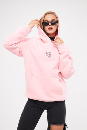 Kapüşonlu İçi Polar Taş Baskılı Pembe Oversize Hoodie Sweatshirt