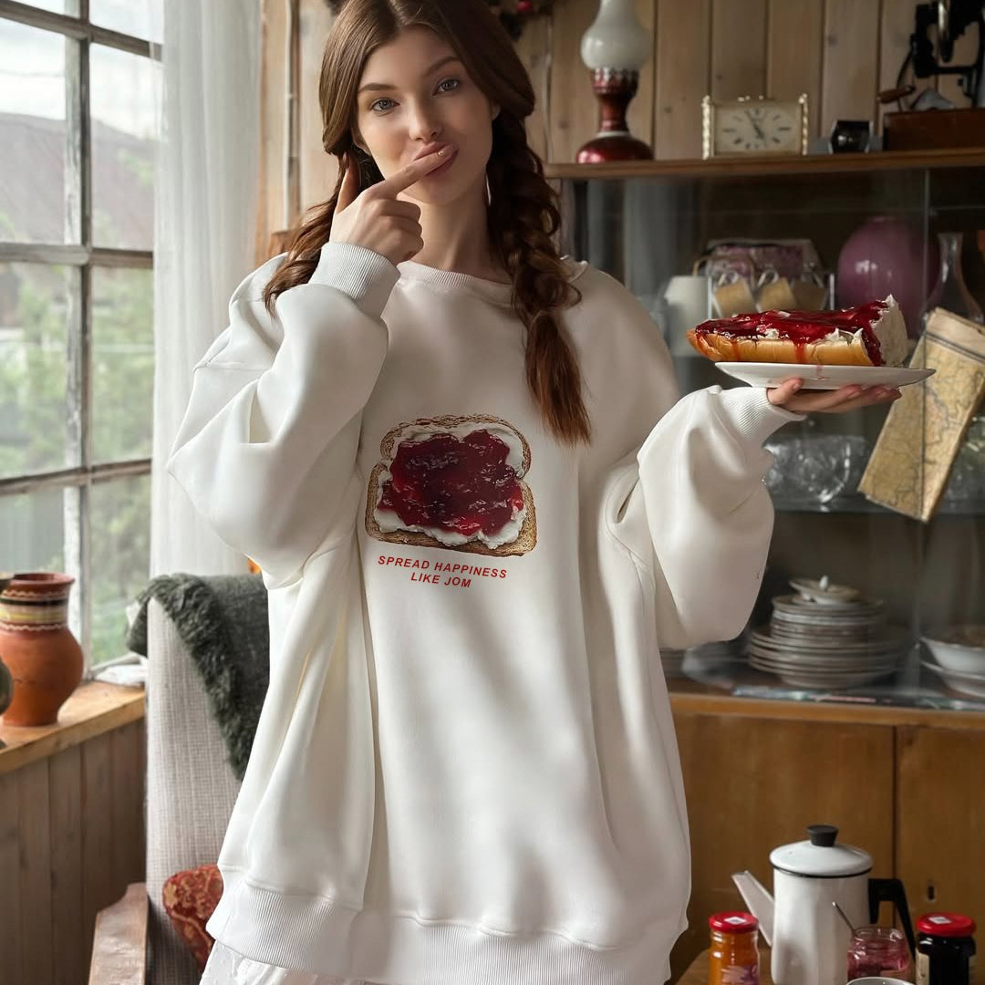 Kadın Oversize Sweatshirt Elbise  Bakery Reçelli Tost Baskılı Beyaz – Bisiklet Yaka, 3 İplik Polar
