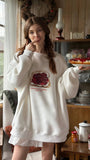 Kadın Oversize Sweatshirt Elbise  Bakery Reçelli Tost Baskılı Beyaz – Bisiklet Yaka, 3 İplik Polar