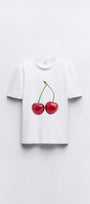 Kiraz Tasarım Baskılı Beyaz Kadın T-shirt