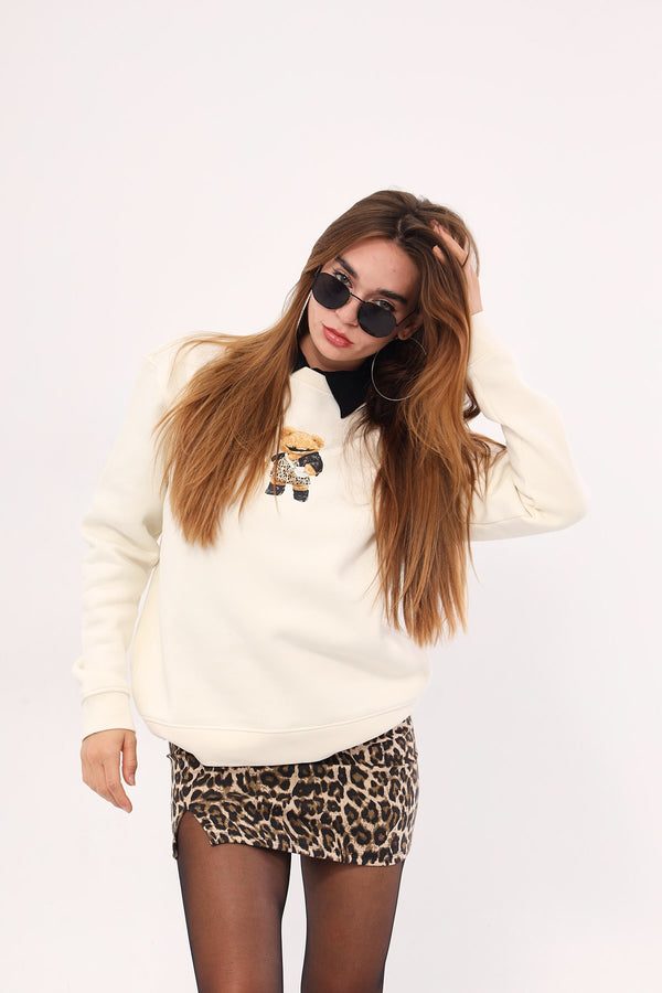 Bisiklet Yaka İçi Polar Teddy Bear Leopar Baskılı Beyaz Unisex Sweatshirt