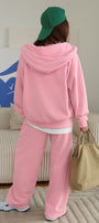 Kadın Oversize Eşofman Takımı Pembe – Kapüşonlu Fermuarlı, Şerit Detaylı, Bağcıklı Bel, Bol paça