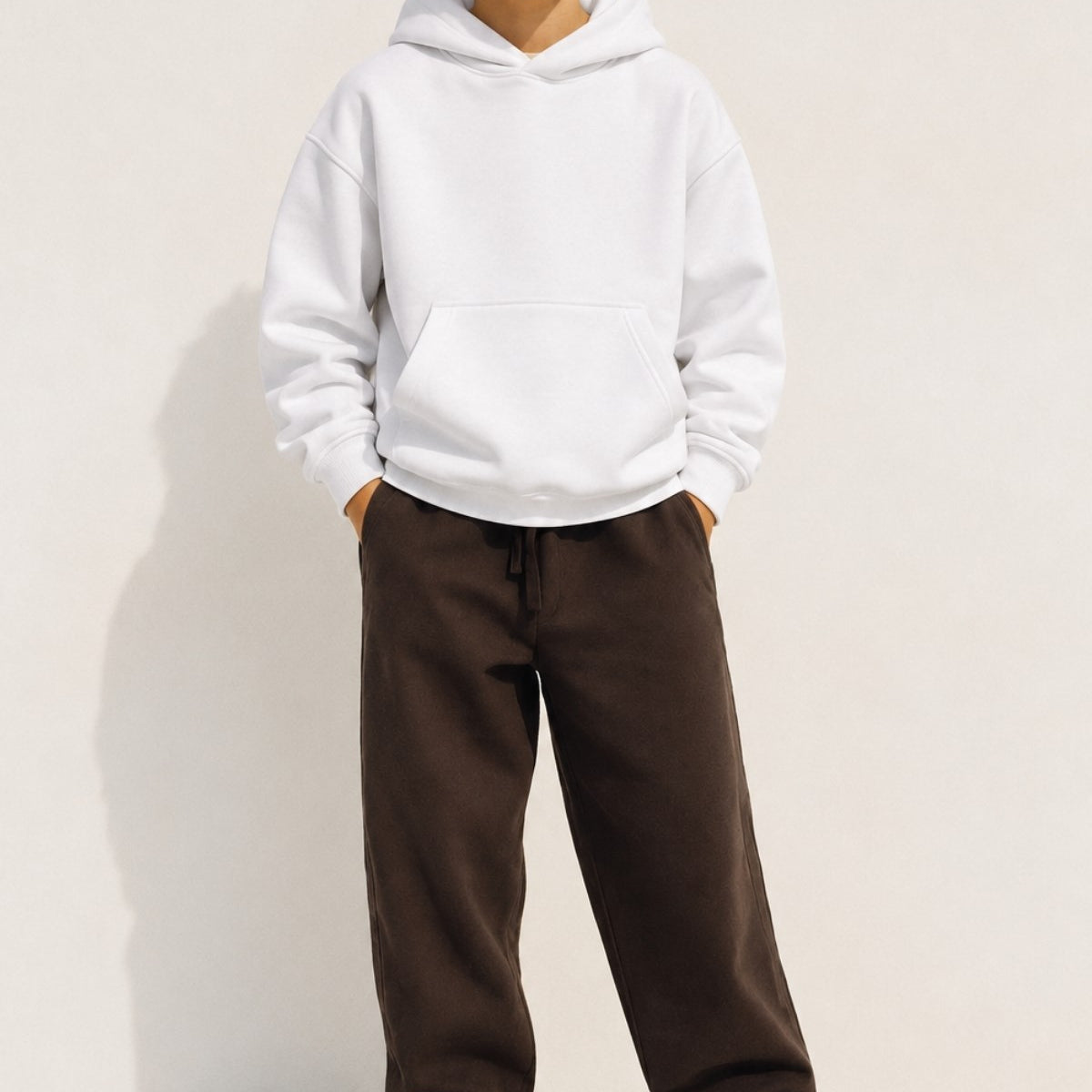 Erkek Çocuk Oversize Basic Hoodie Sweatshirt Beyaz – Kapüşonlu, Kanguru Cepli, 3 İplik Polar