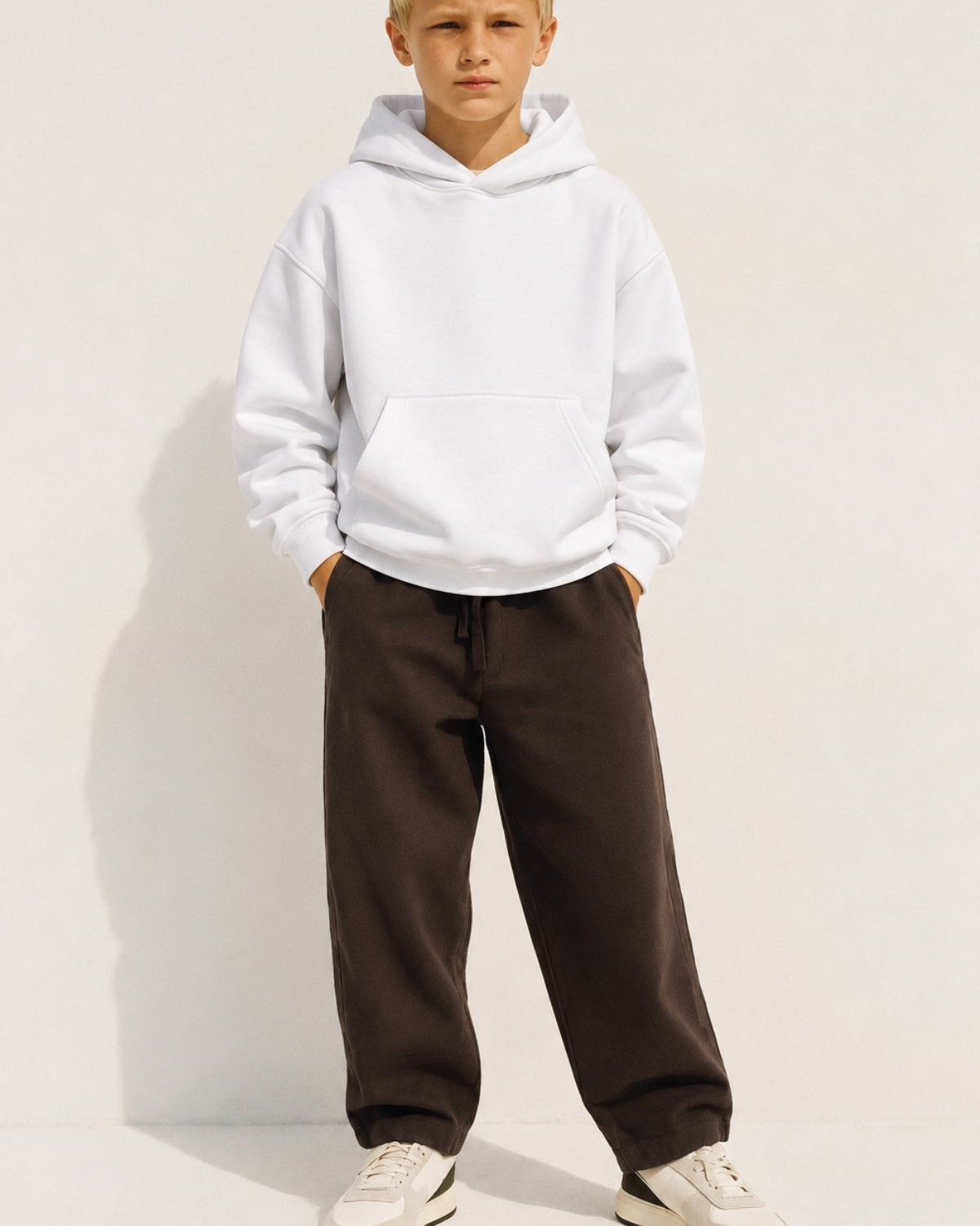 Erkek Çocuk Oversize Basic Hoodie Sweatshirt Beyaz – Kapüşonlu, Kanguru Cepli, 3 İplik Polar