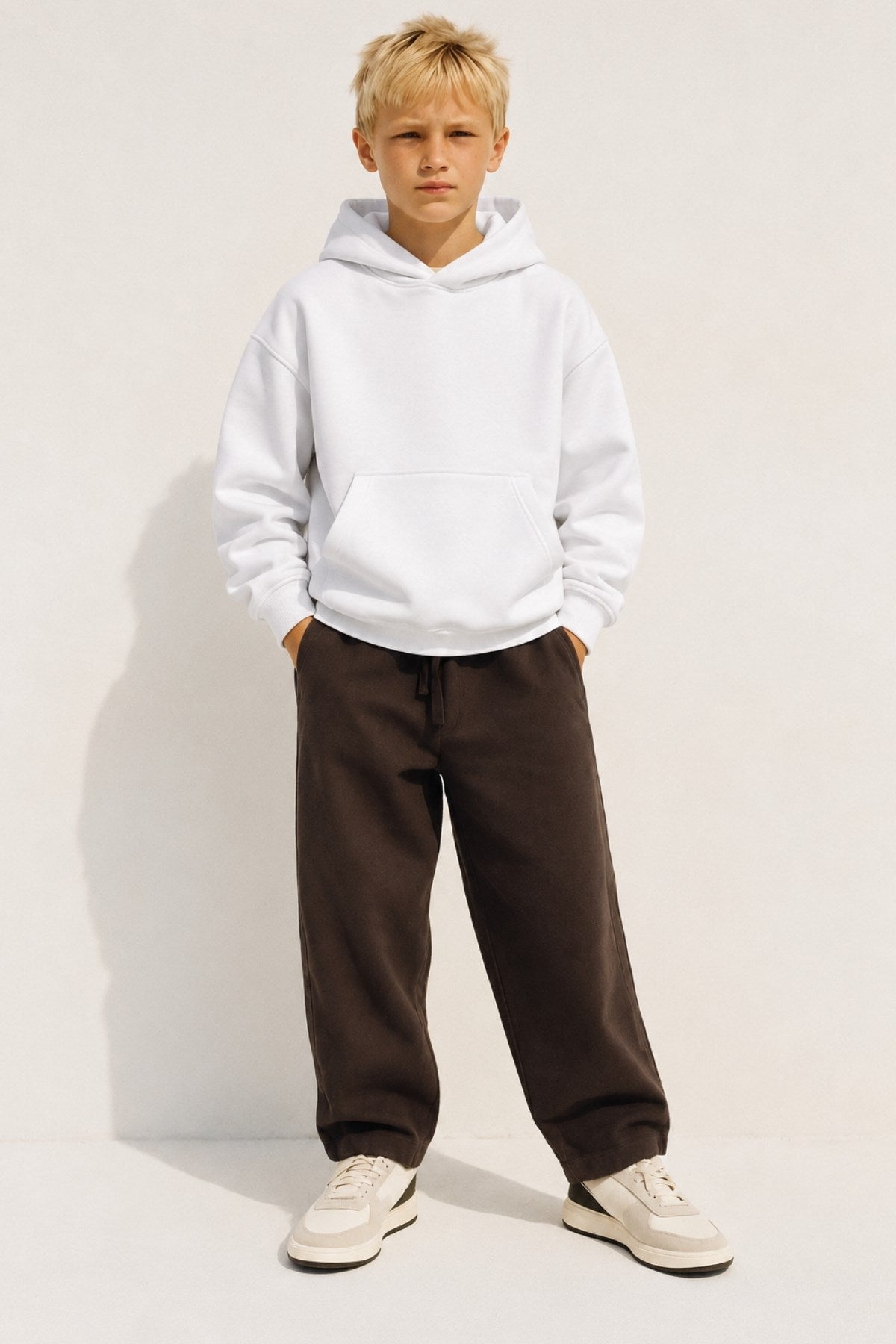 Erkek Çocuk Oversize Basic Hoodie Sweatshirt Beyaz – Kapüşonlu, Kanguru Cepli, 3 İplik Polar