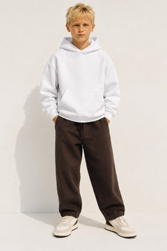 Erkek Çocuk Oversize Basic Hoodie Sweatshirt Beyaz – Kapüşonlu, Kanguru Cepli, 3 İplik Polar