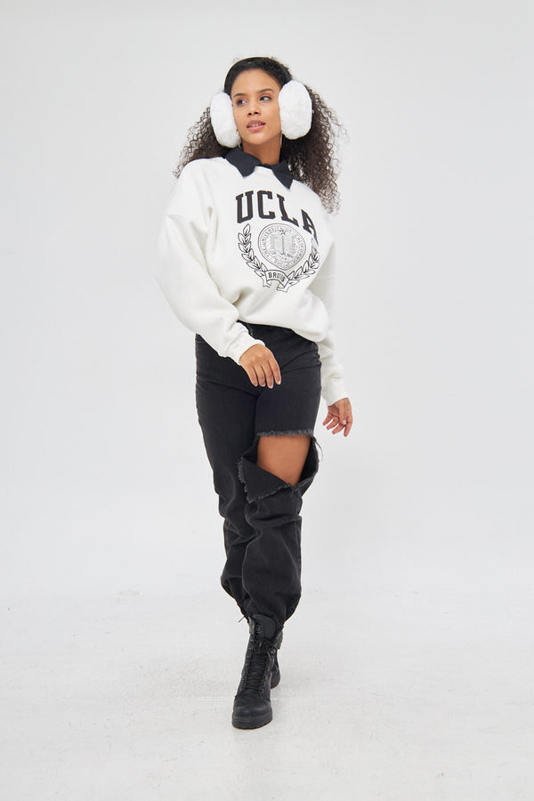 Ucla Yazı Baskılı Bisiklet Yaka İçi Polar Oversize Kesim Unisex Beyaz Sweatshirt