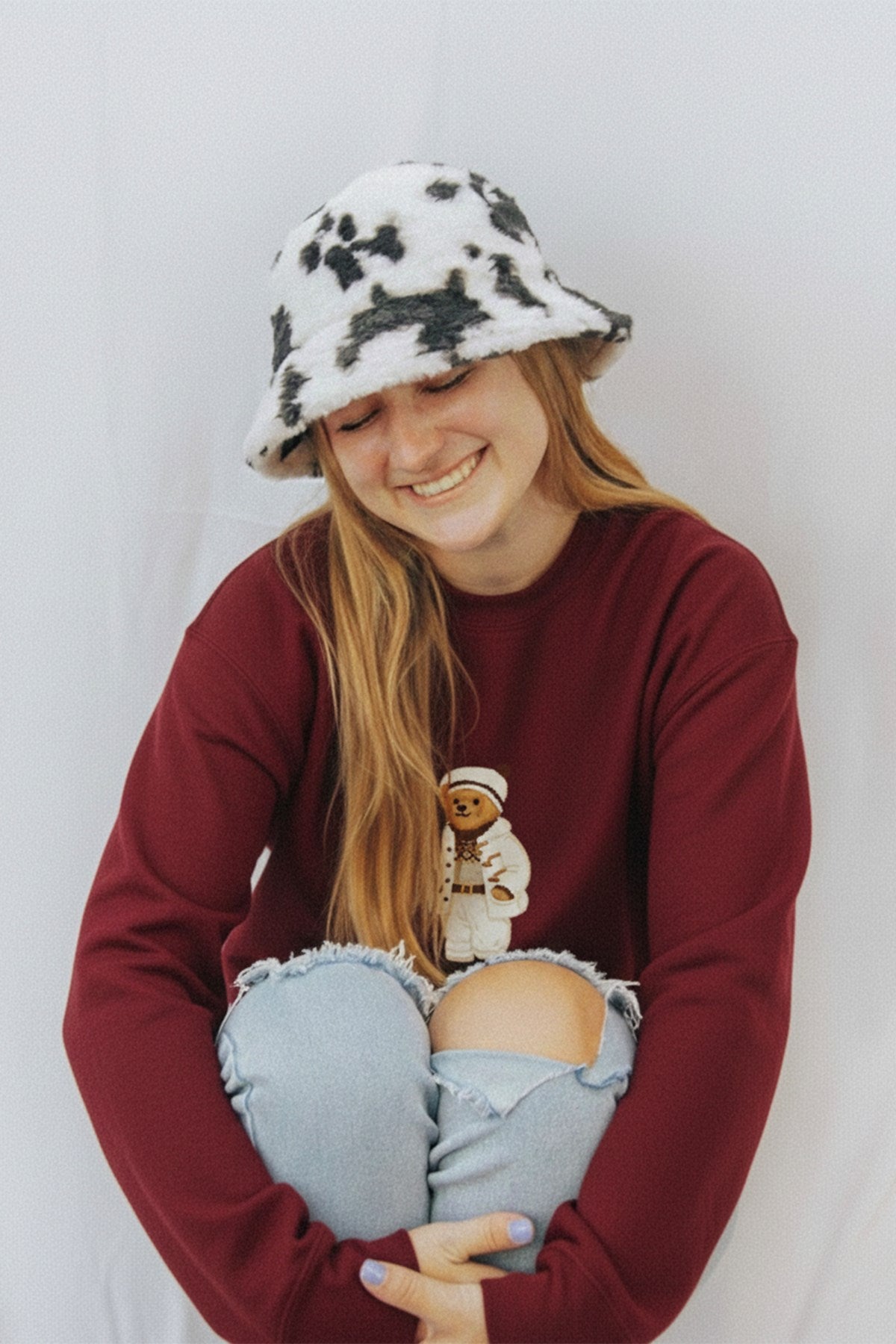 Kadın Oversize Sweatshirt Quiet Club 3D Baskılı Bordo – Bisiklet Yaka, 3 İplik Şardonlu Polar
