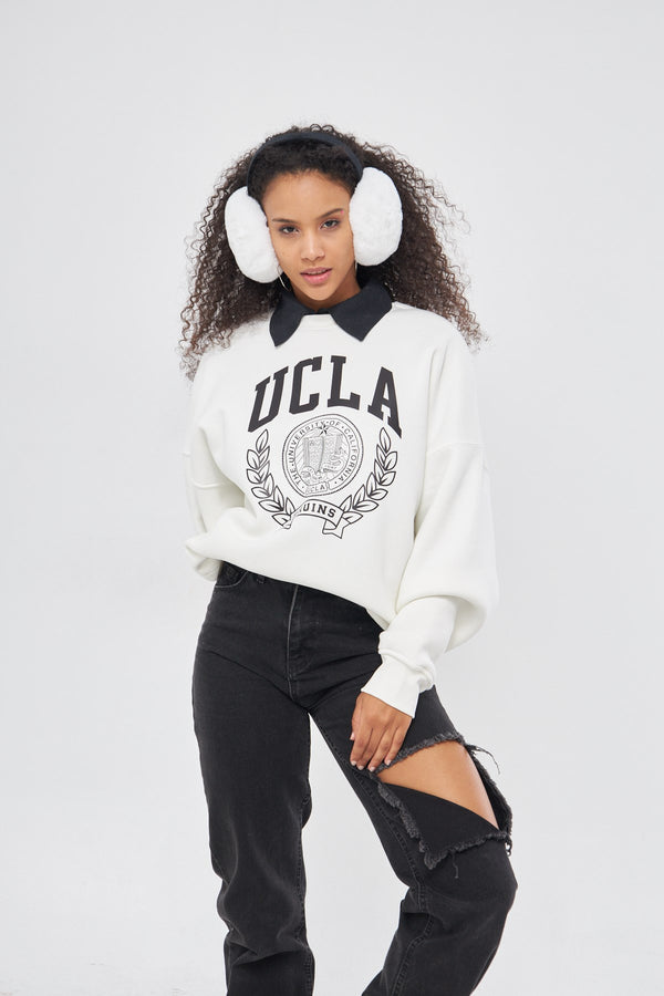 Ucla Yazı Baskılı Bisiklet Yaka İçi Polar Oversize Kesim Unisex Beyaz Sweatshirt