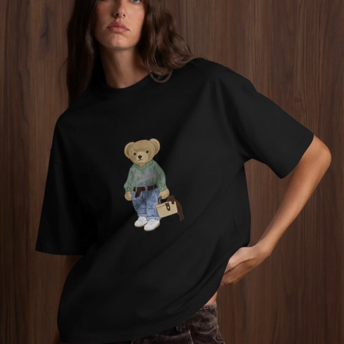 Kadın Oversize Tişört COZY Bear Baskılı Siyah – %100 Pamuk Compact Süprem 24/1