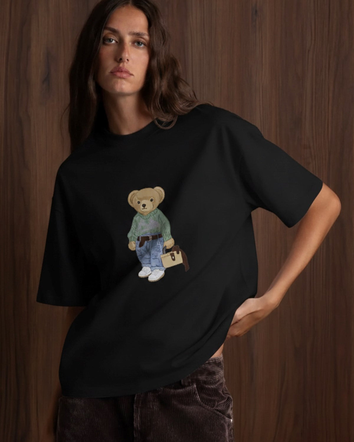 Kadın Oversize Tişört COZY Bear Baskılı Siyah – %100 Pamuk Compact Süprem 24/1