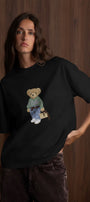 Kadın Oversize Tişört COZY Bear Baskılı Siyah – %100 Pamuk Compact Süprem 24/1