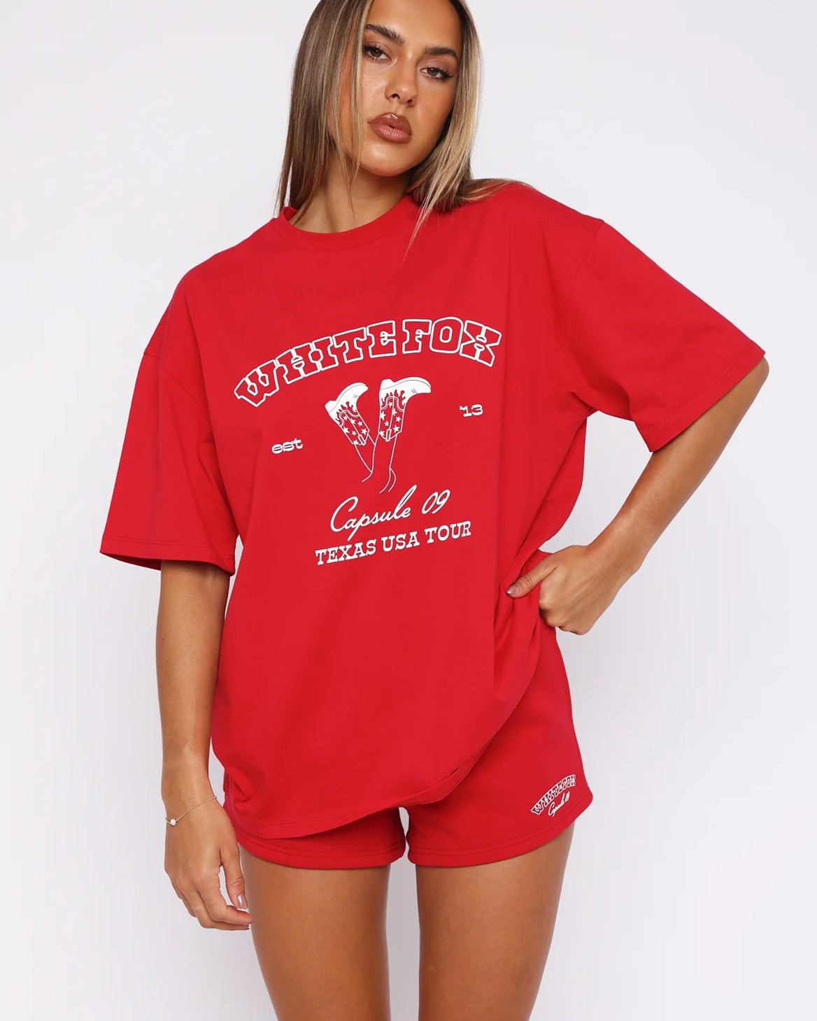 White Fox Kırmızı Kadın Capsule 09 Texas Usa Tour Yazılı Bisiklet Yaka T-Shirt