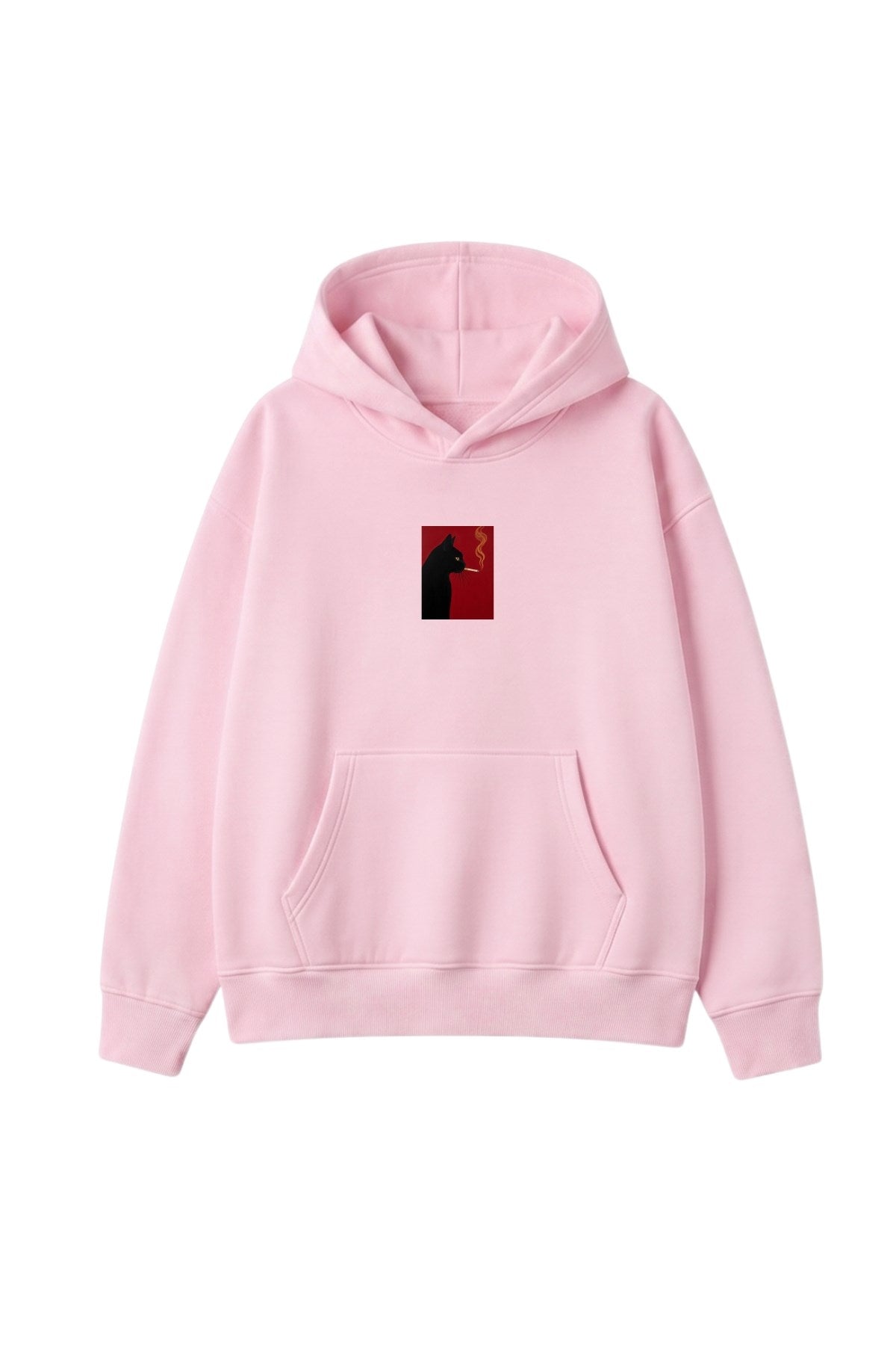 Kadın Oversize Hoodie Noir Cat Baskılı Pembe – Kapüşonlu, Kanguru Cepli, 3 İplik Şardonlu Polar