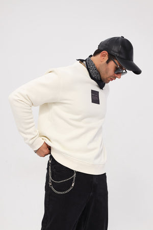 Bisiklet Yaka İçi Polar Syzygy Yazı Baskılı Beyaz Oversize Sweatshirt