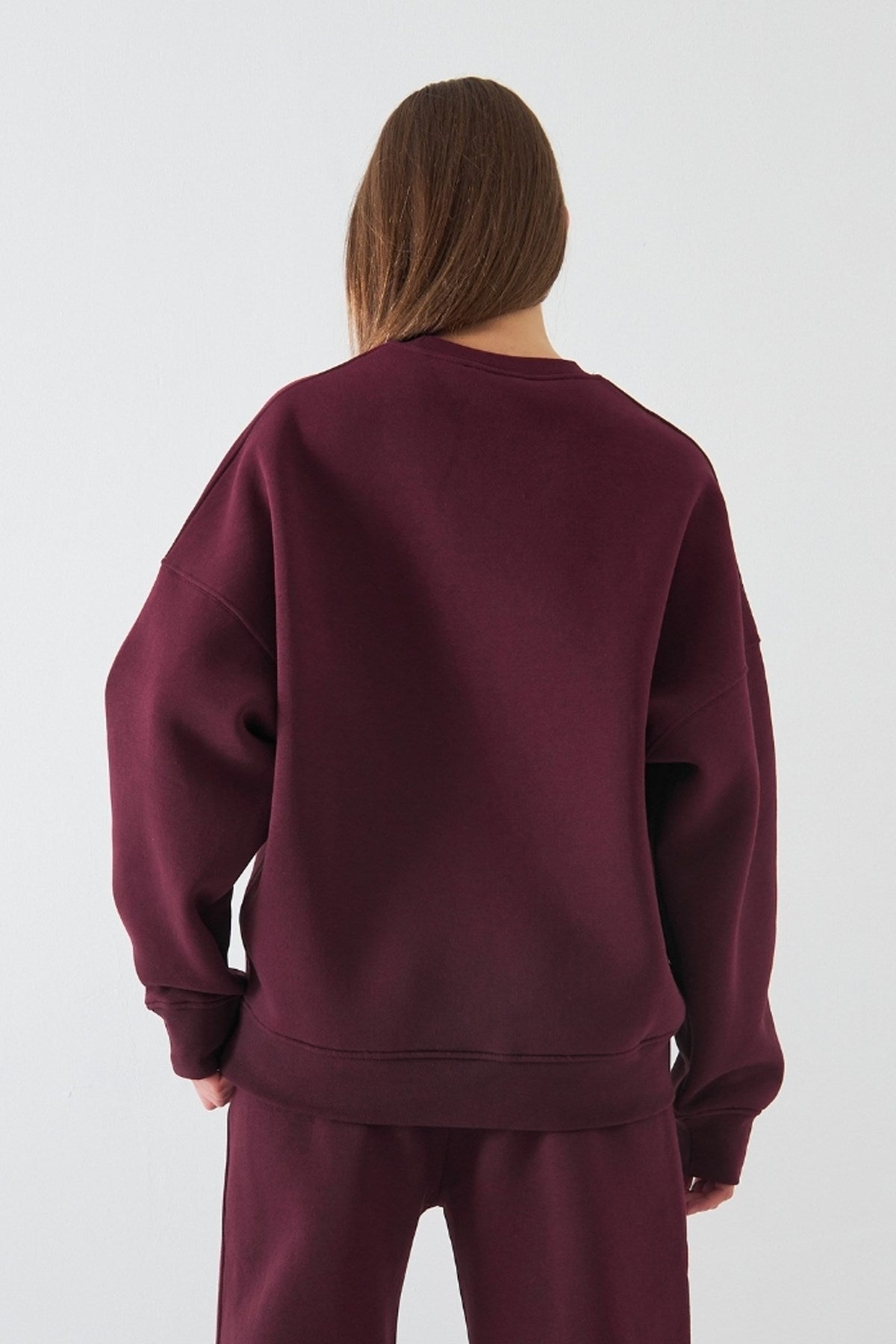 Kadın Oversize Sweatshirt Martini Leopard Baskılı Bordo – Bisiklet Yaka, 3 İplik Şardonlu Polar