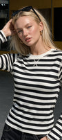 Kadın Çizgili Uzun Kollu Bluz Retro Line Beyaz Siyah – Bisiklet Yaka, Slim Fit, Kontrast Çizgili