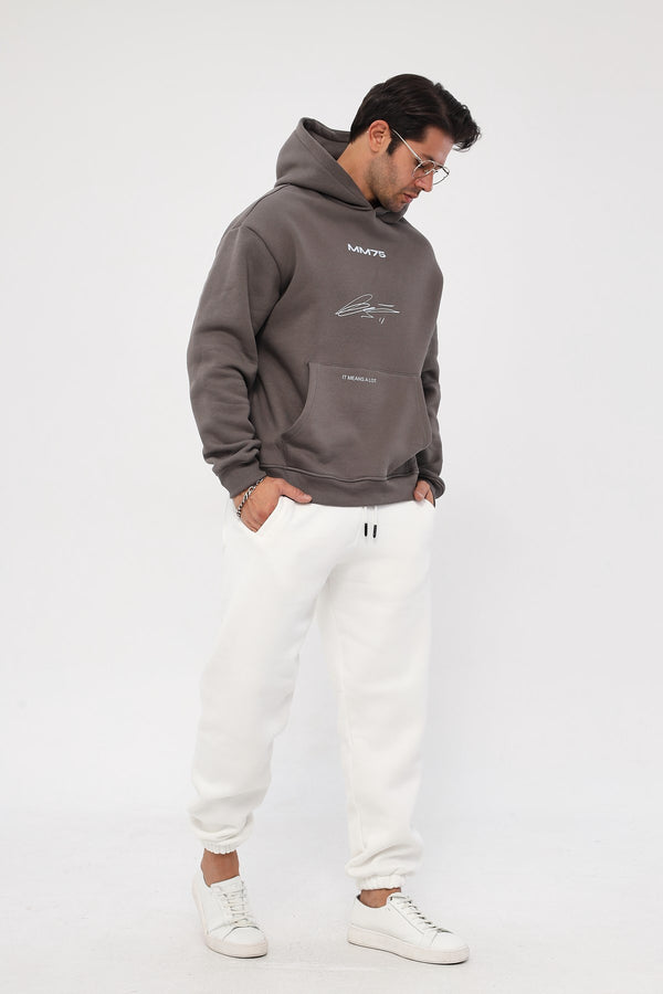 Kapüşonlu İçi Polar MM75 Baskılı Füme Oversize Hoodie Sweatshirt