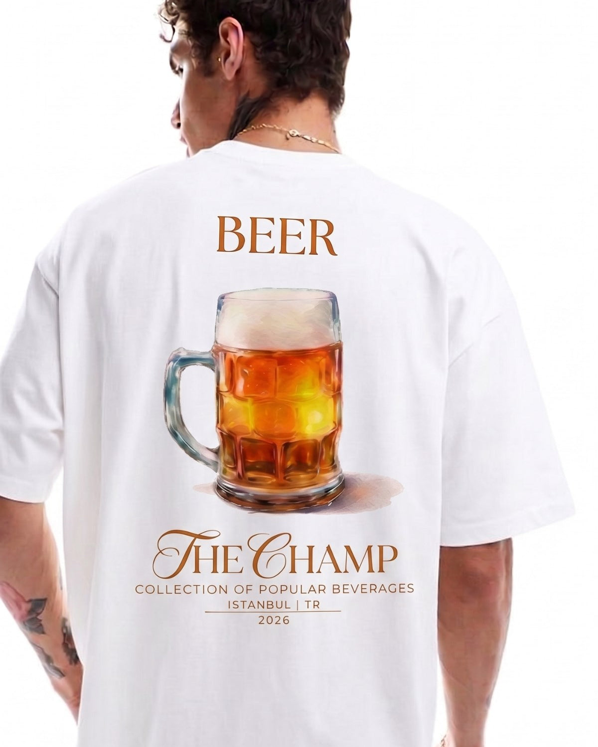 Unisex Oversize Tişört BEER Baskılı Beyaz – Bisiklet Yaka, Rahat Kalıp, %100 Pamuk