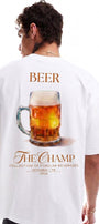 Unisex Oversize Tişört BEER Baskılı Beyaz – Bisiklet Yaka, Rahat Kalıp, %100 Pamuk