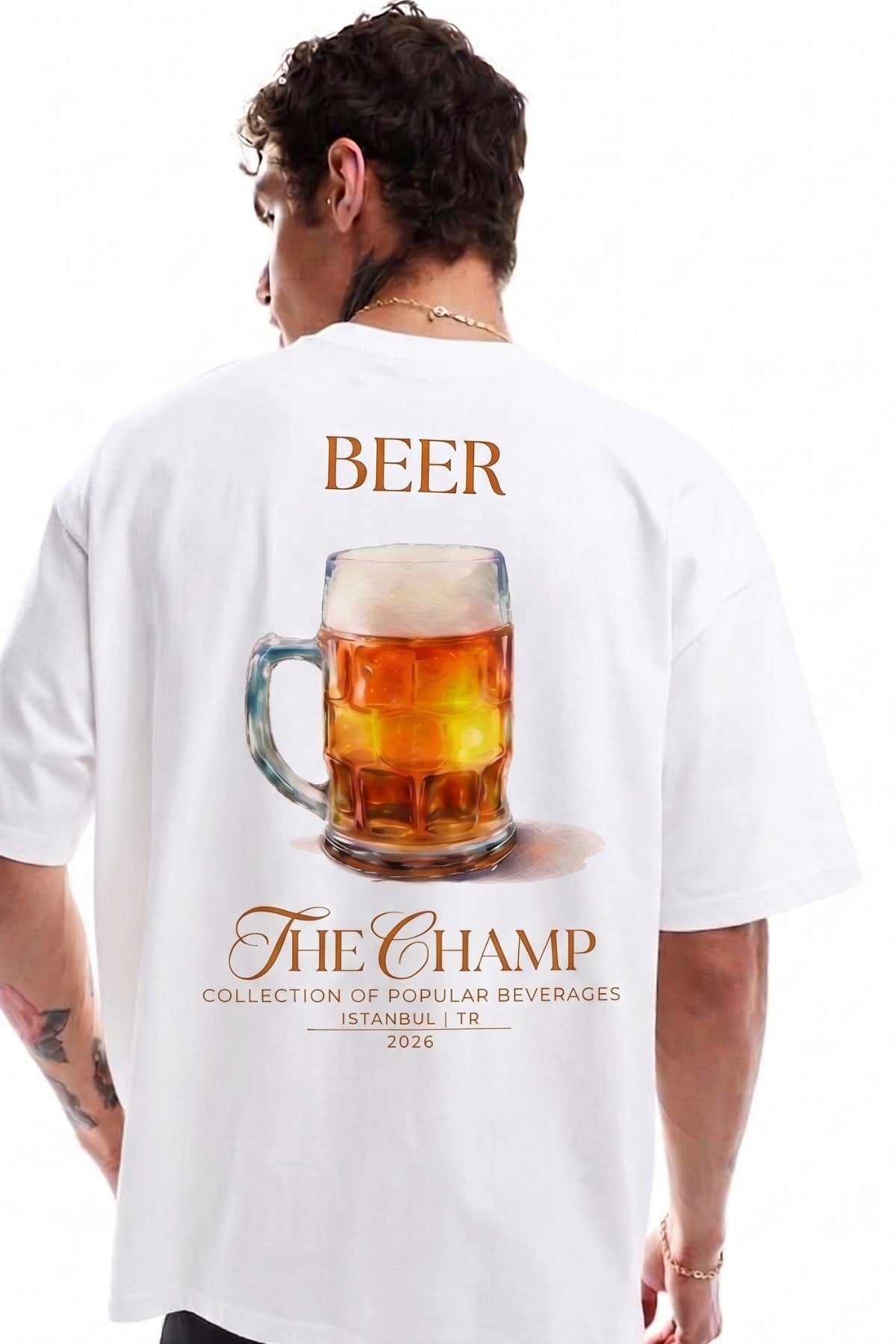 Unisex Oversize Tişört BEER Baskılı Beyaz – Bisiklet Yaka, Rahat Kalıp, %100 Pamuk