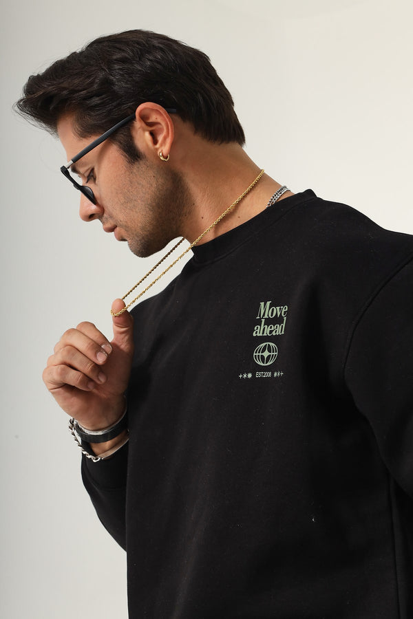 Bisiklet Yaka İçi Polar Move Ahead Yazı Baskılı Siyah Oversize Sweatshirt