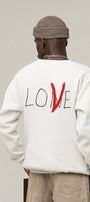 Unisex Oversize Sweatshirt V-Love Baskılı Beyaz – Bisiklet Yaka, Sevgilergünü, Couple, Hediye