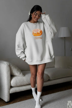 Kadın Oversize Sweat Elbise Bakery Glazed Donut Baskılı Gri Melanj – Bisiklet Yaka, 3 İplik Polar