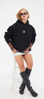 Kapüşonlu İçi Polar Taş Baskılı Siyah Oversize Hoodie Sweatshirt
