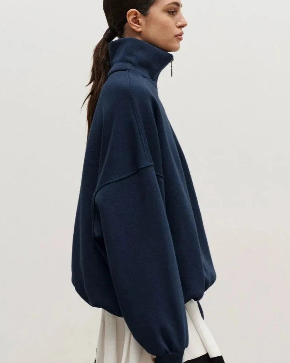 Kadın Gri Yarım Fermuarlı Ceket Sweatshirt 3 İplik Şardonlu Oversize Kesim