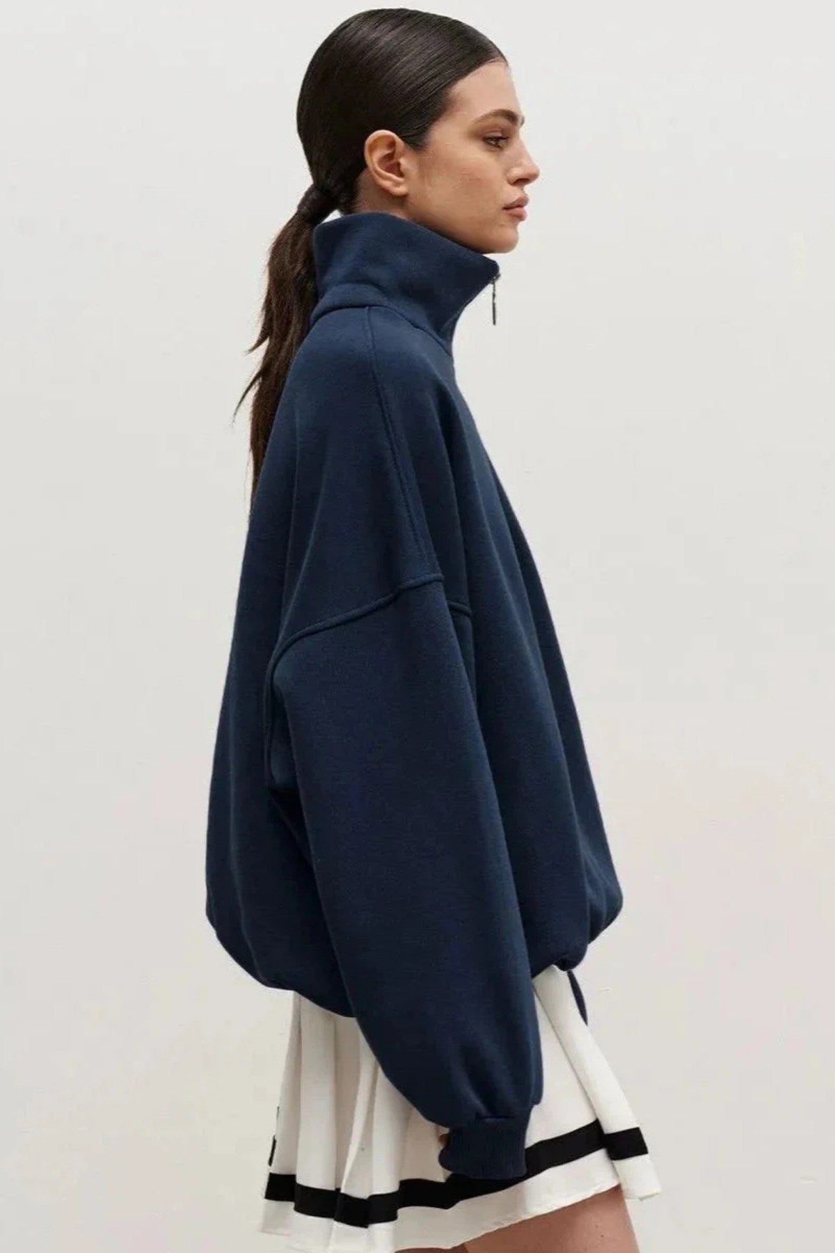 Kadın Gri Yarım Fermuarlı Ceket Sweatshirt 3 İplik Şardonlu Oversize Kesim