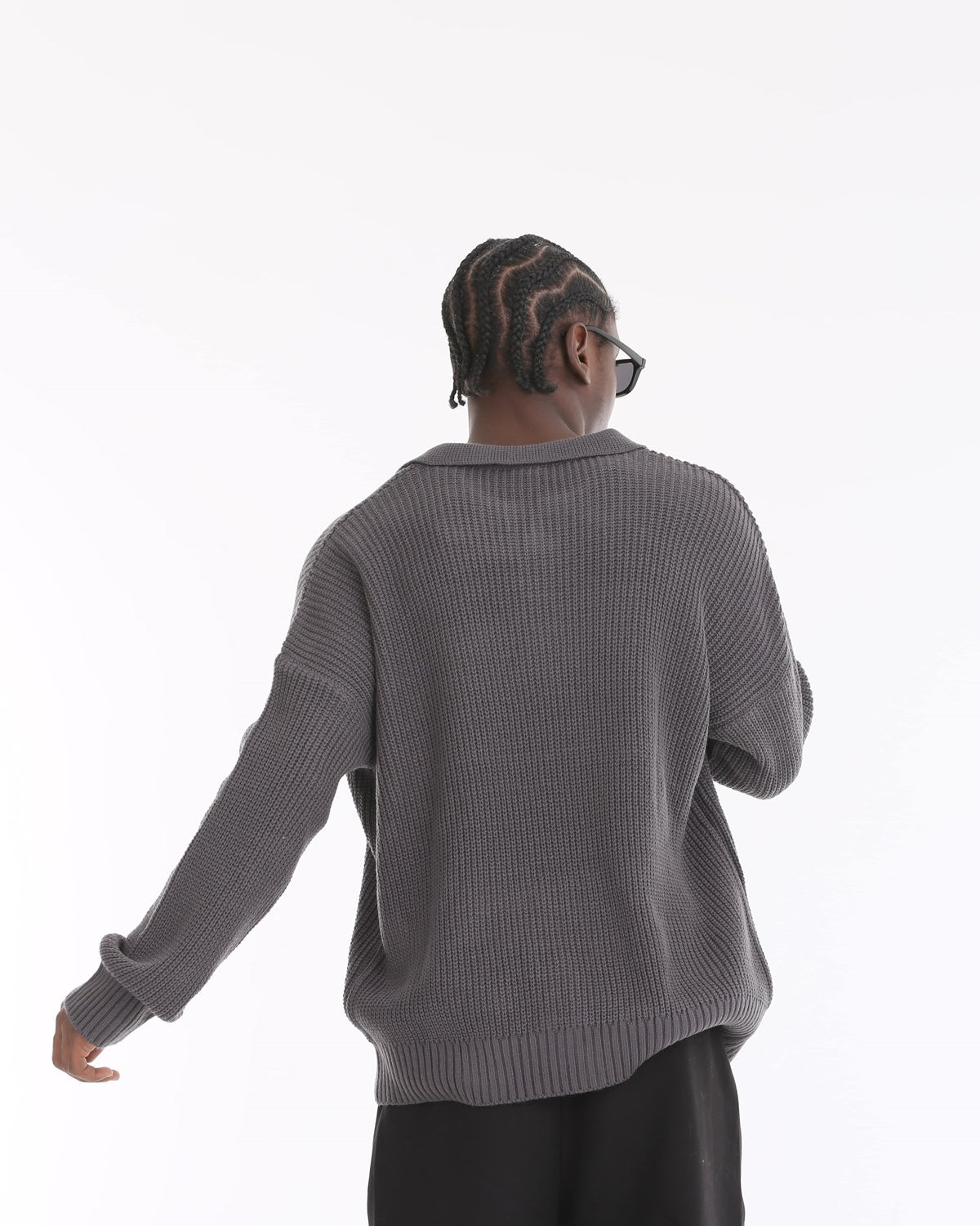 Polo Yaka Örme Triko Fitilli Füme Oversize Erkek Kazak