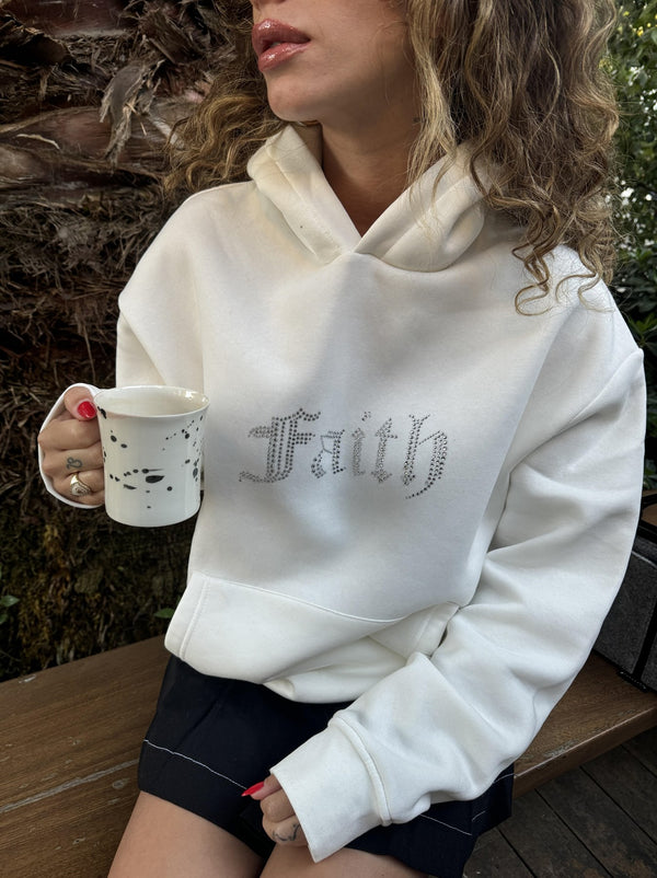 Faith Yazılı Taş Baskılı Kapüşonlu İçi Polar Oversize Beyaz Sweatshirt