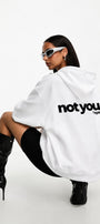 Unisex Oversize Hoodie Not You Again Baskılı Beyaz – Kapüşonlu, Kanguru Cepli, 3 İplik Şardonlu 