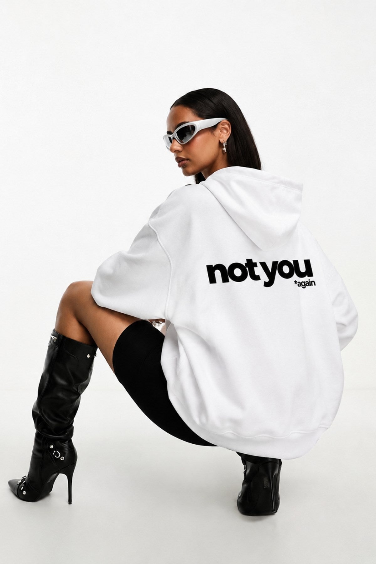 Unisex Oversize Hoodie Not You Again Baskılı Beyaz – Kapüşonlu, Kanguru Cepli, 3 İplik Şardonlu 