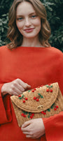 Kadın Hasır Portföy Çanta Cerise Atelier Kiraz İşlemeli Doğal El Çantası - El İşçiliği (Kombin Ürün)
