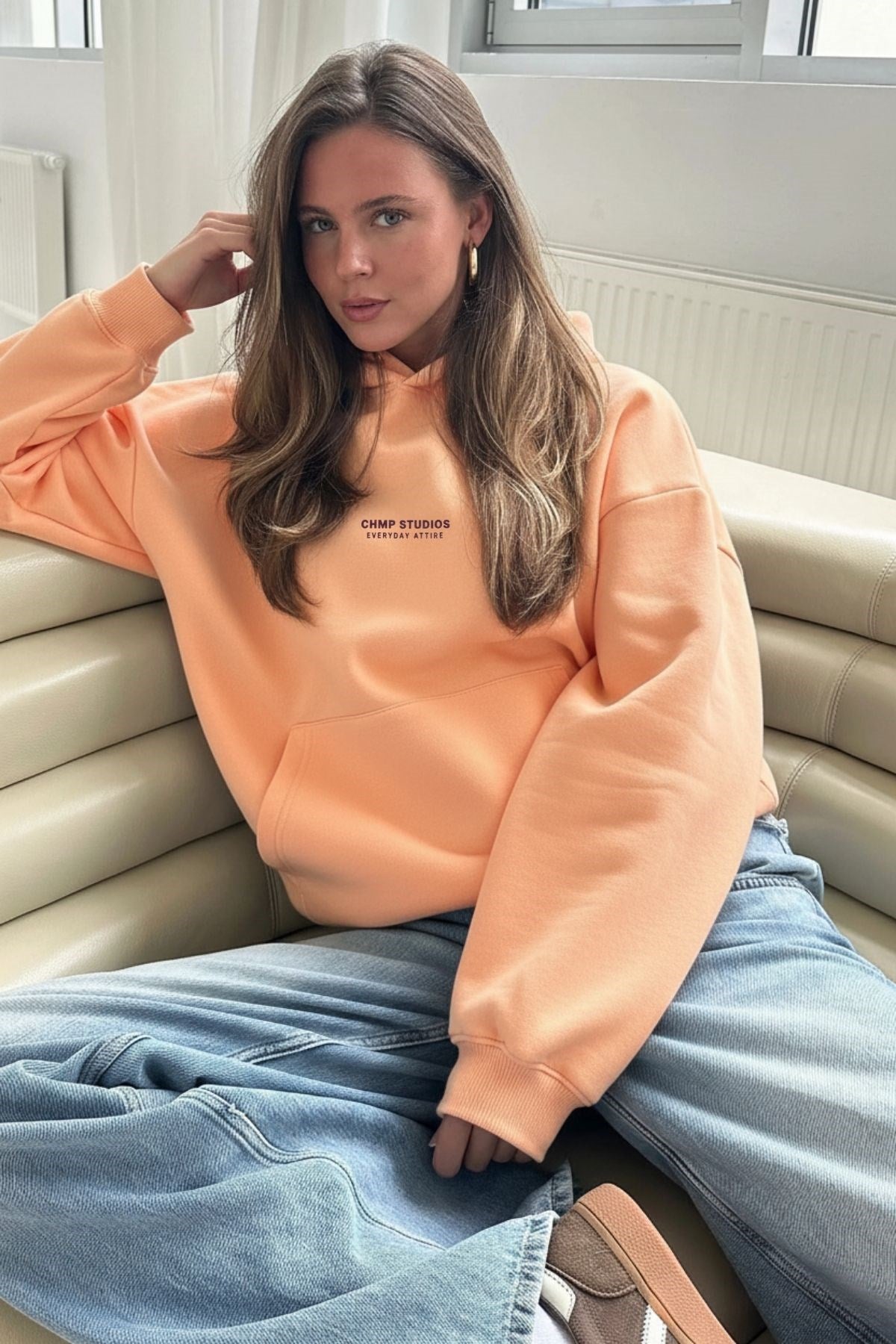 Kadın Oversize Sweatshirt Hoodie CHMP SUDIOS Turuncu – Kapüşonlu, 3 İplik , Kanguru Cepli