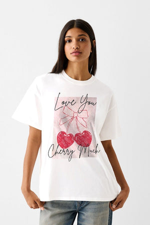 Love You Chery Much Yazılı Kiraz Baskılı Beyaz Kadın T-shirt