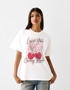 Love You Chery Much Yazılı Kiraz Baskılı Beyaz Kadın T-shirt