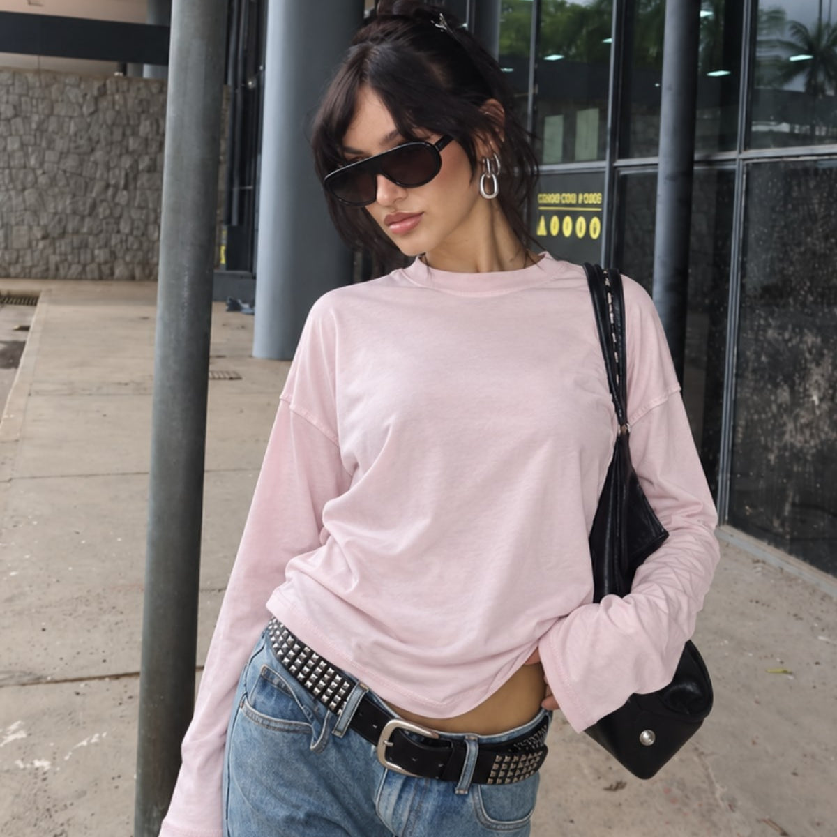 Kadın Regular Fit Uzun Kollu Tişört Basic Pembe – Bisiklet Yaka, %100 Pamuk, Düşük Omuz