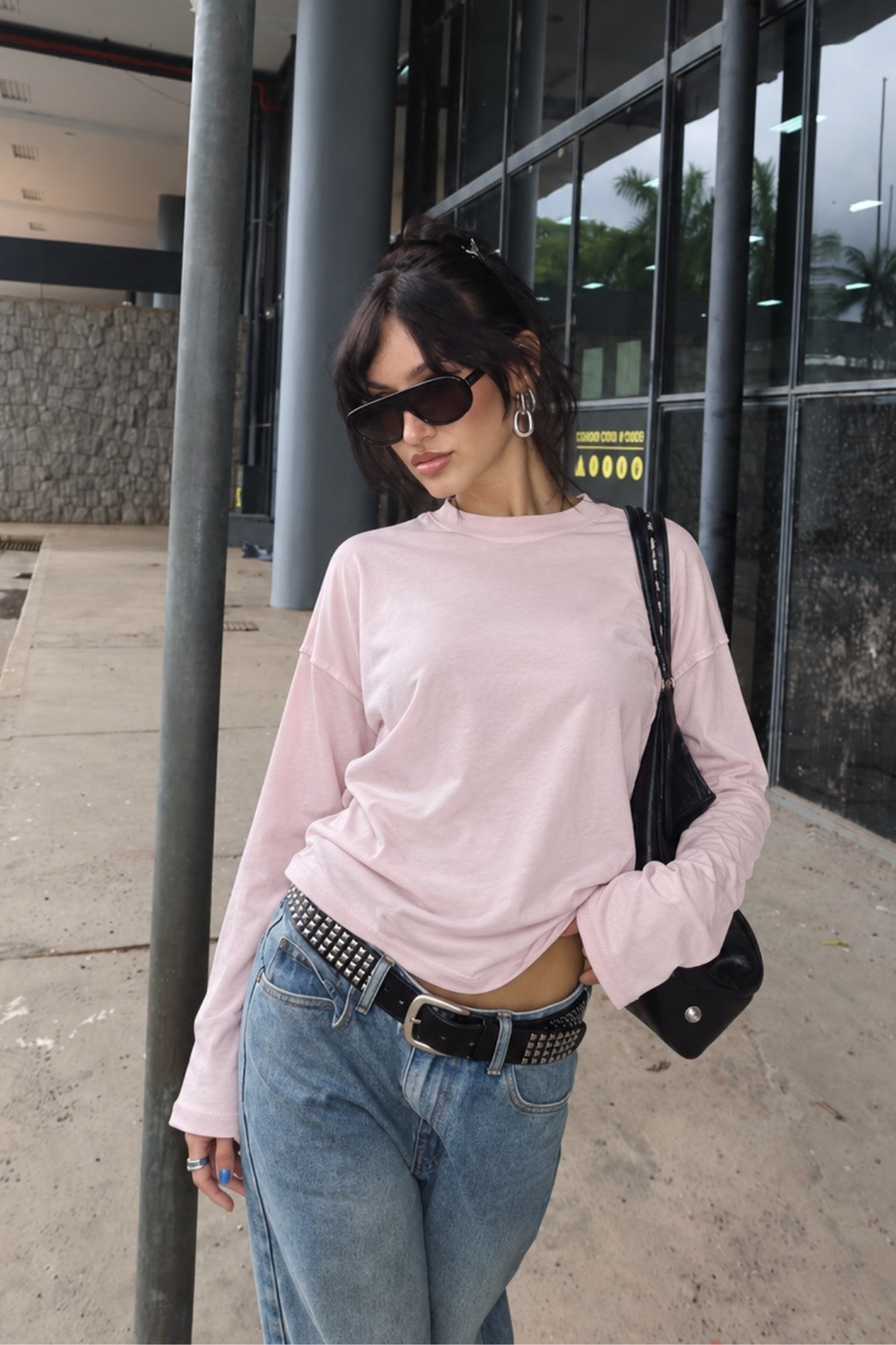 Kadın Regular Fit Uzun Kollu Tişört Basic Pembe – Bisiklet Yaka, %100 Pamuk, Düşük Omuz