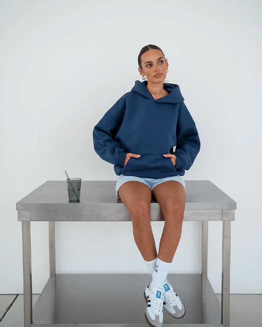 Kapüşonlu Içi Polar İndigo Unisex Oversize Hoodie Sweatshirt