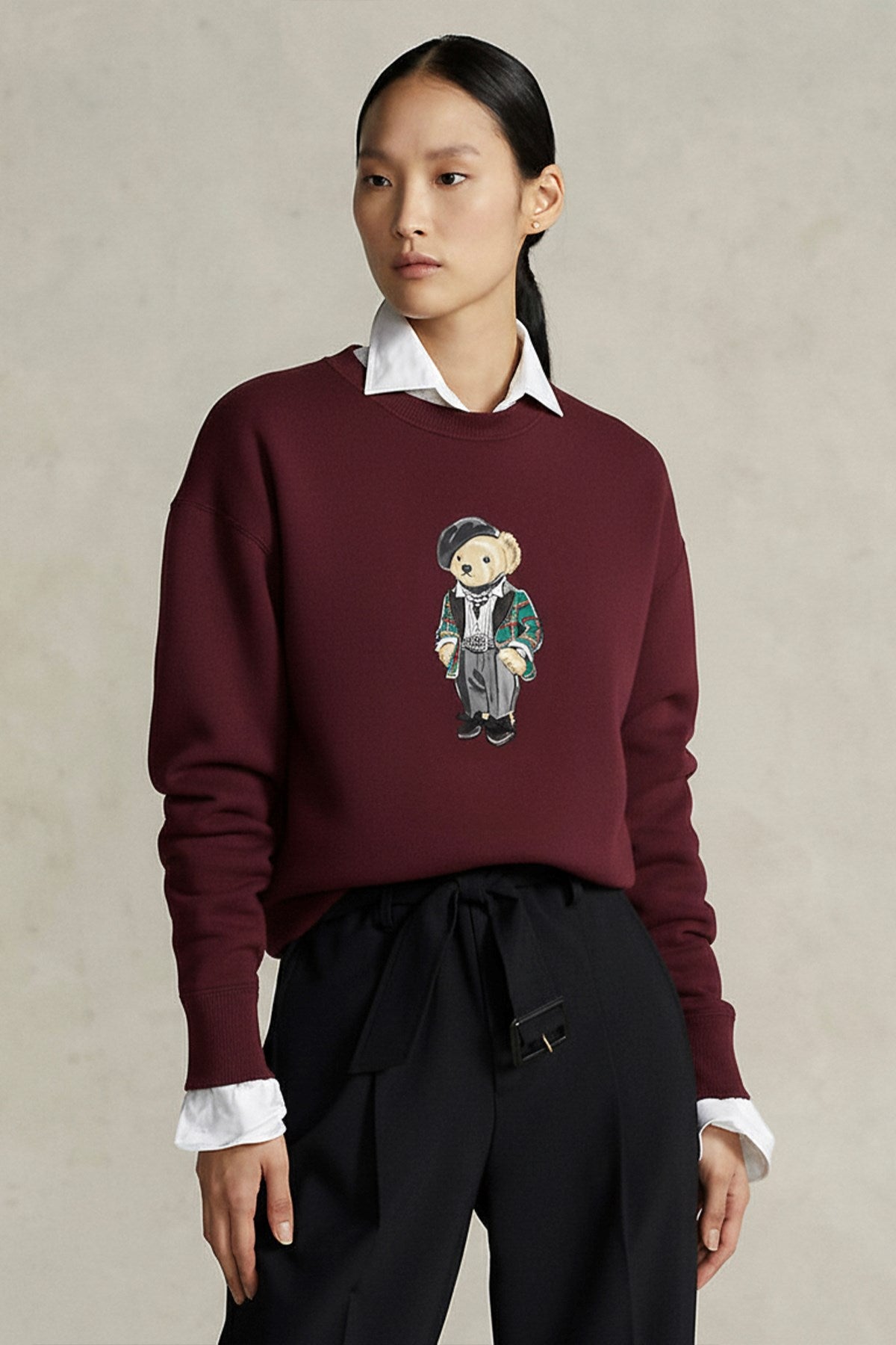 Kadın Oversize Sweatshirt Trench Bear Baskılı Bordo – Bisiklet Yaka, 3 İplik Şardonlu