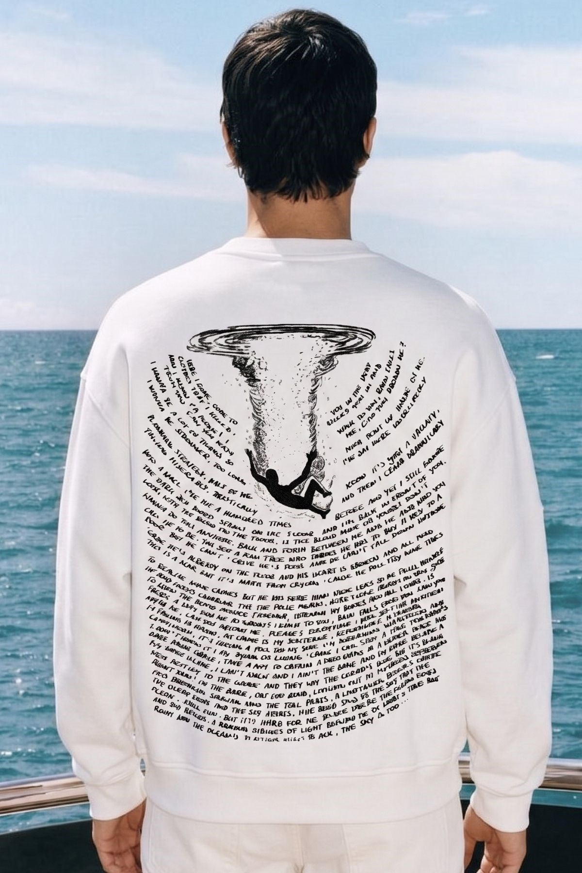 Erkek Oversize Sweatshirt Abyss Baskılı Beyaz – Bisiklet Yaka, 3 İplik Şardonlu Polar