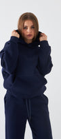 Oversize Unisex Sweatshirt Hoodie Lacivert – Kapüşonlu, 3 İplik Şardonlu Polar, Kanguru Cepli, Basic
