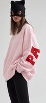 Kadın Oversize Sweatshirt Paradise Varsity Kabartma Baskılı Pembe – Bisiklet Yaka, 3 İplik Şardonlu Polar